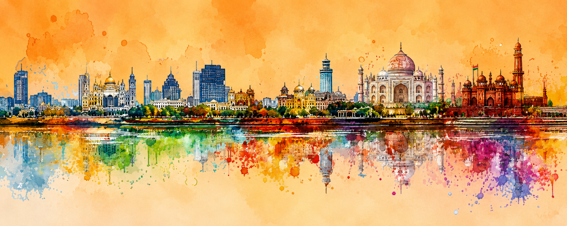 Colorful India watercolor skyline
